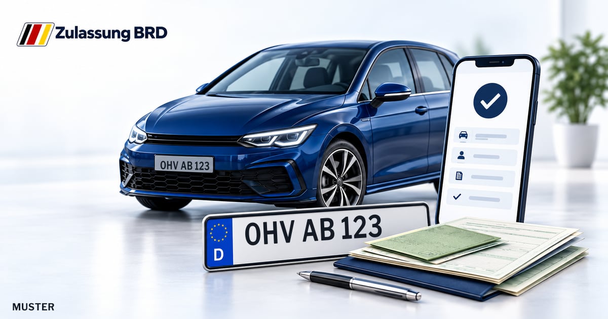 Online Fahrzeugzulassung in Zehdenick: Musterkennzeichen OHV AB 123, Auto und Fahrzeugpapiere und Smartphone. Illustration mit Logo von Zulassung BRD.